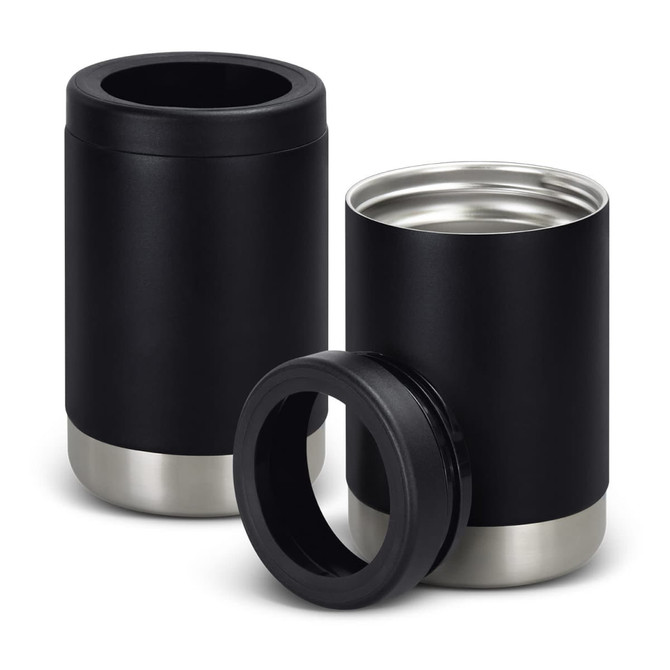 A drink bottle in black with a stainless steel base, featuring a lid and an integrated vacuum design.
