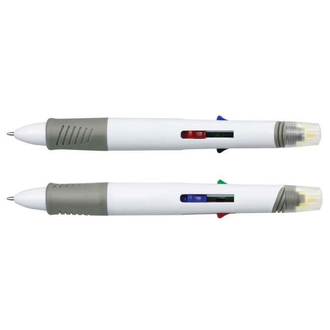 A set of two Tetra Highlighter Pens in white and grey, featuring red, blue, and green highlight colours. Each pen has a logo.