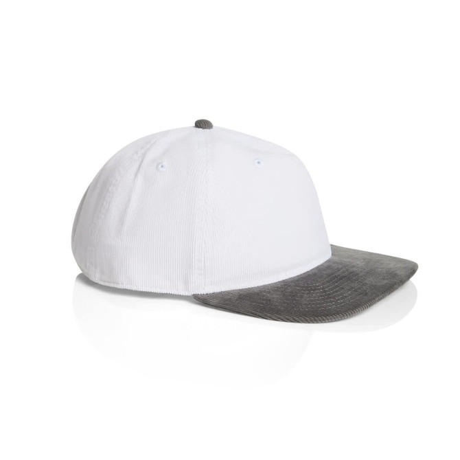 A two-tone cap featuring a white body and grey corduroy peak, with a logo on the side.
