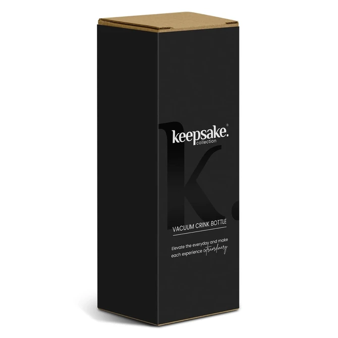 A black boxed vacuum drink bottle featuring a logo and a minimalist design. The box has a cardboard top.