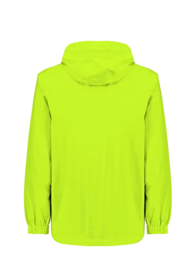 A bright yellow unisex packable rain jacket with a hood, featuring elastic cuffs and a clean design.