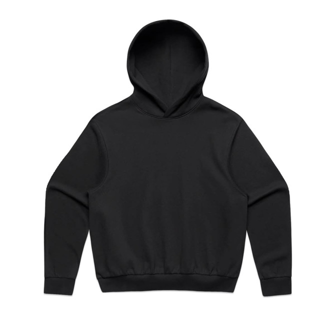 A black jumper featuring a hood and long sleeves, with a fitted waistband and cuffs. It has a logo.