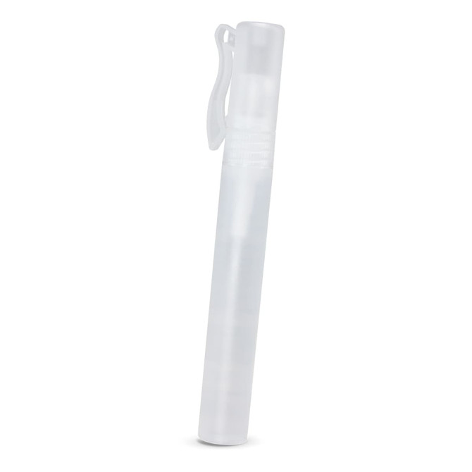 A clear hand sanitiser stick with a clip attached, featuring a smooth, cylindrical design.