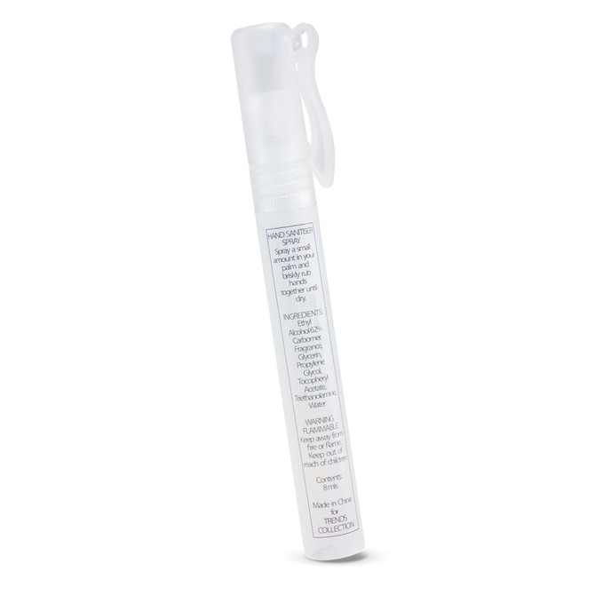A hand sanitiser stick in a clear container with a white cap, featuring an ingredient list on the side.