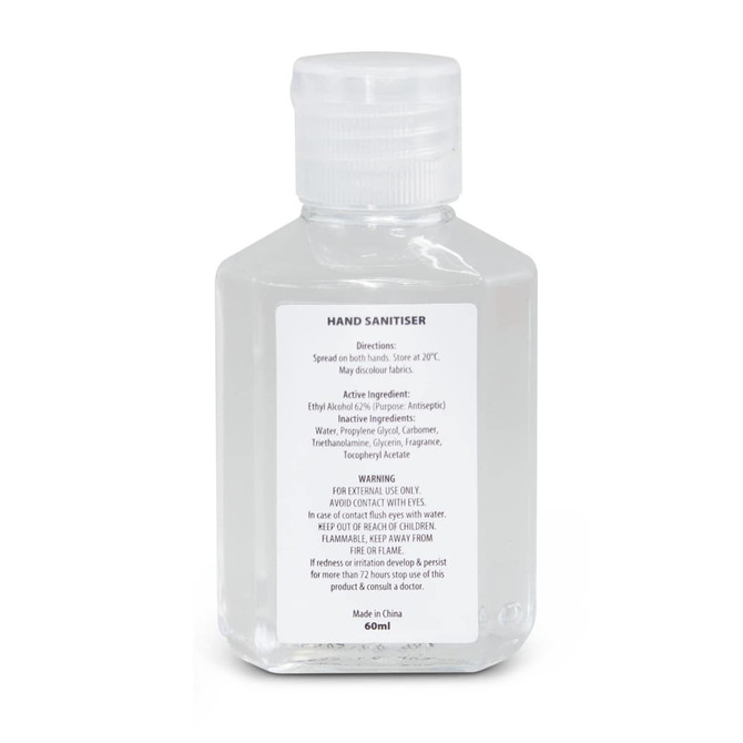 A clear 60ml bottle of hand sanitiser gel with a screw-top lid and a label containing instructions and ingredients.