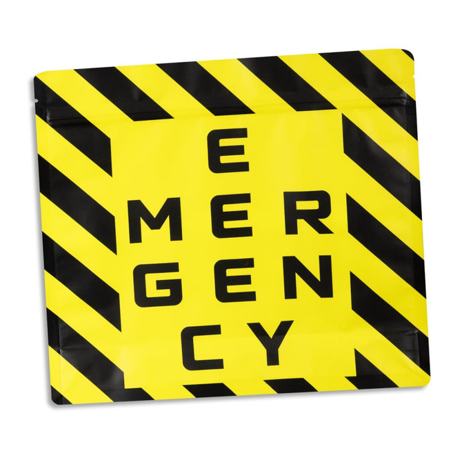 A large flat bottom pouch in yellow with black caution stripes and an emergency-themed design, featuring a logo.