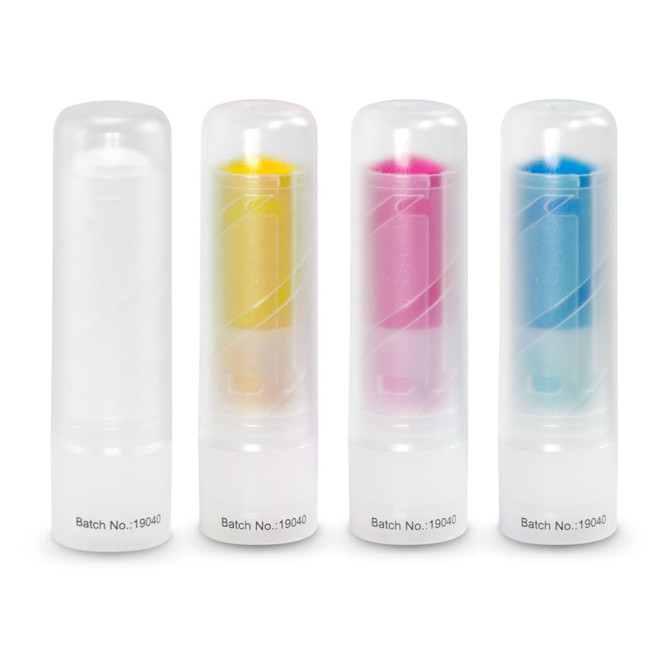 Four colourful zinc sticks in white containers, featuring yellow, pink, and blue products inside, all with branding.