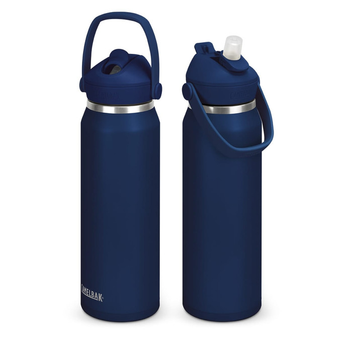 A drink bottle in navy blue with a flip straw lid and a handle, featuring a logo on the side.