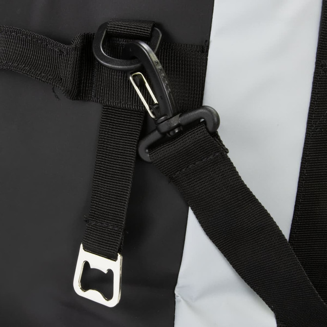 A black and grey cooler bag featuring adjustable straps and a sturdy clip attachment.
