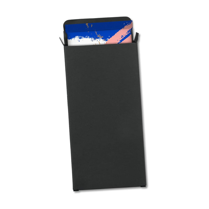 A small black gift box containing assorted hazel chocolates with a colourful wrapper. The box has a branded logo.