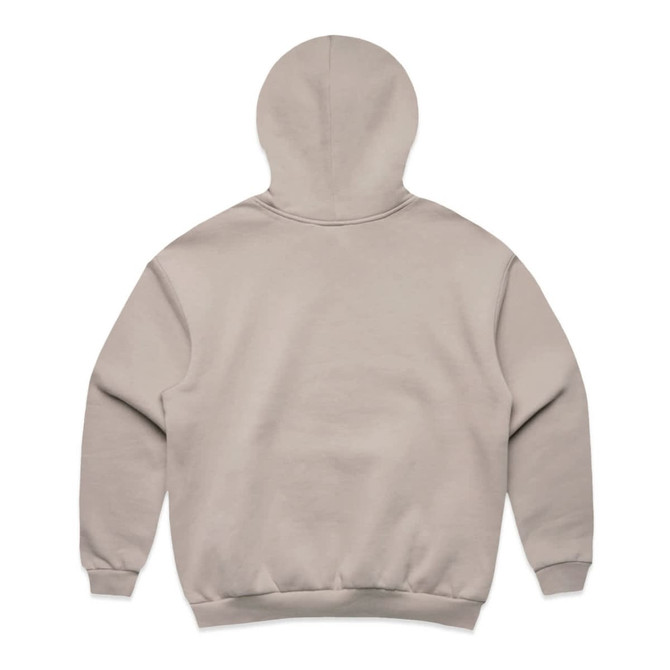 A beige hoodie with a back view, featuring a large hood and ribbed cuffs. The product has a logo.