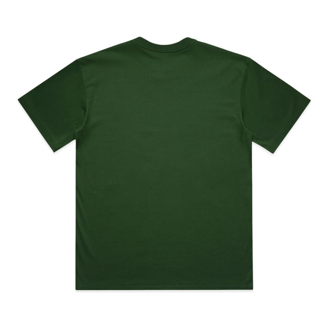 A green t-shirt featuring a simple design and a logo on the back.