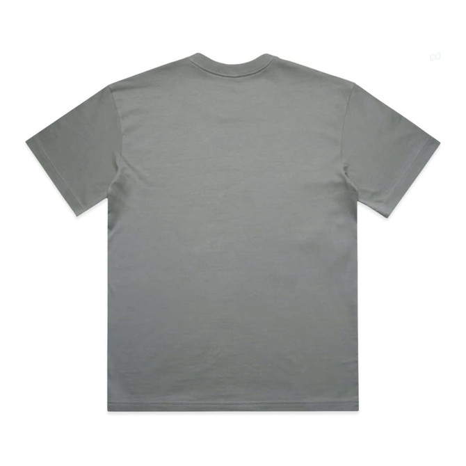 A grey box tee with short sleeves and a plain back. The shirt features a logo.