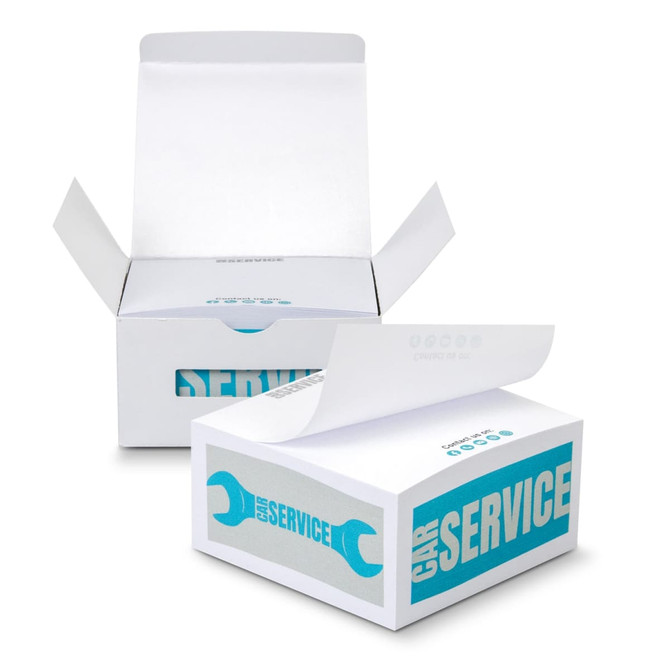 A white box with a blue logo and graphics, including terms related to car service, partially opened.