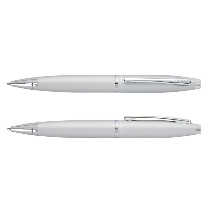 A silver Cross Calais ballpoint pen displayed from two angles, featuring a polished finish and a clip.