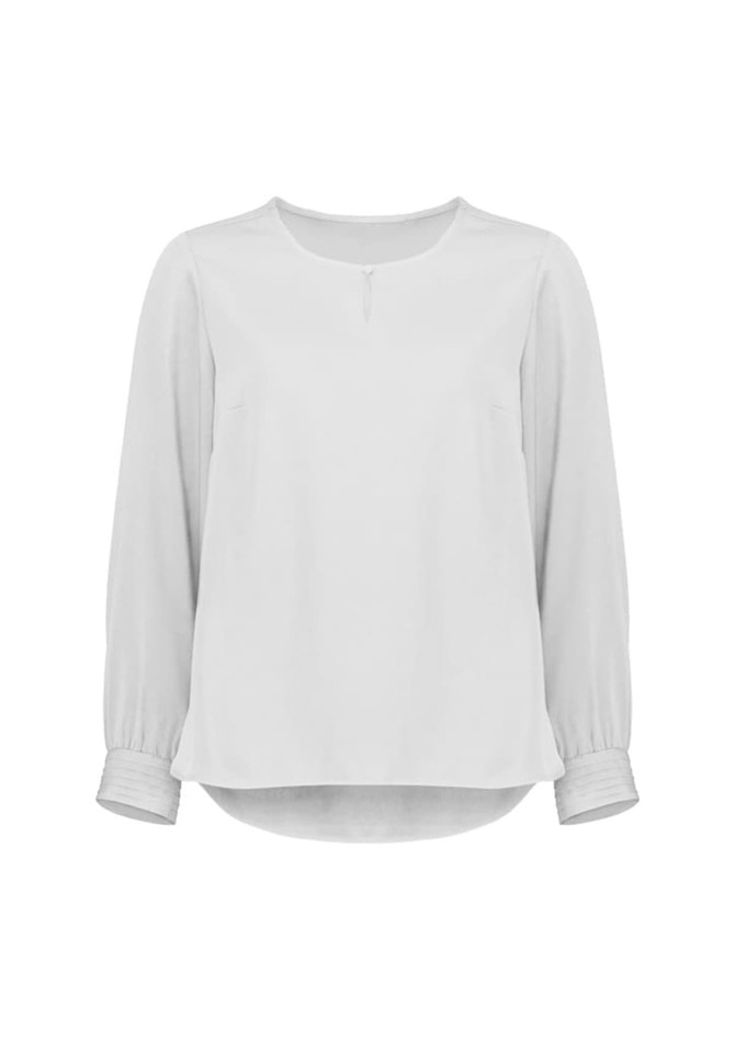 A women's long sleeve blouse in a soft white colour with a round neckline and button detail. It features a relaxed fit.