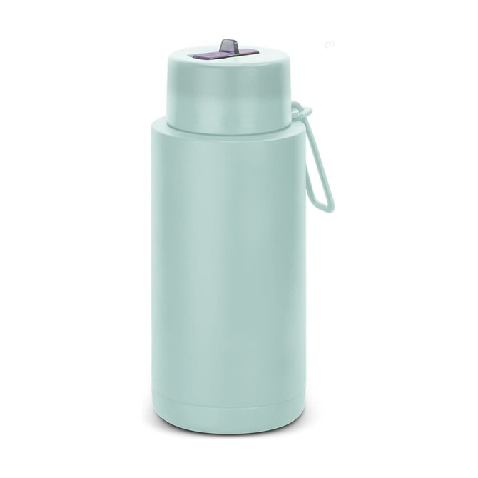 A drink bottle in a light mint green colour, featuring a secure lid and a branding logo.