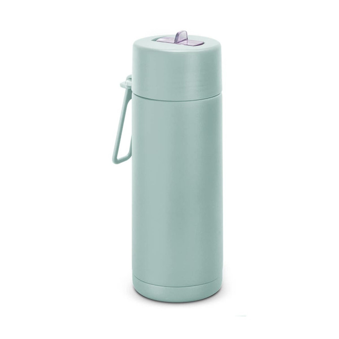 A drink bottle in a light green shade with a lid and a handle, featuring a logo. Capacity: 600ml.