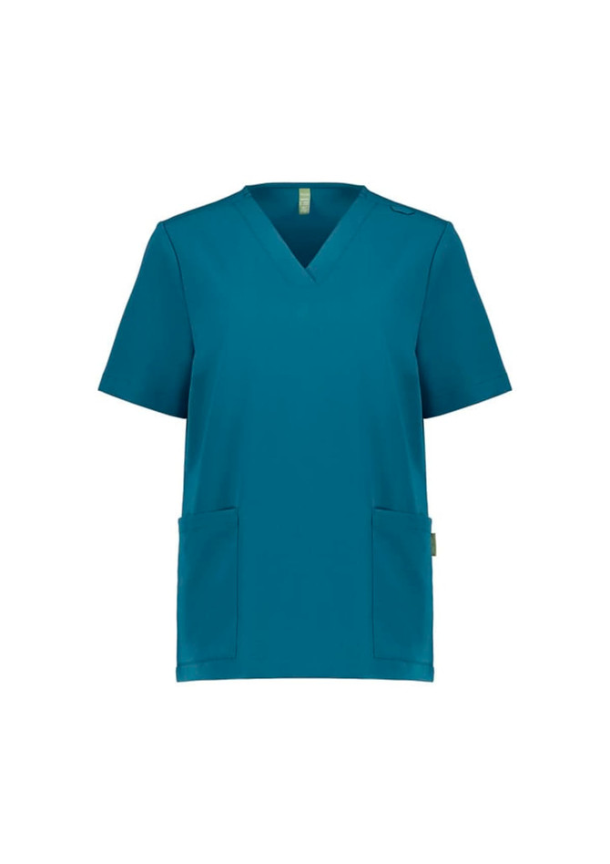 A teal women's V-neck scrub top with short sleeves and two front pockets. The top features a logo.