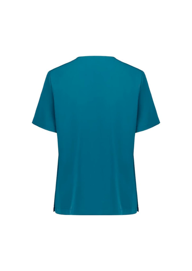 A teal women's scrub top with short sleeves and a V-neck design, featuring side slits and a branding logo.