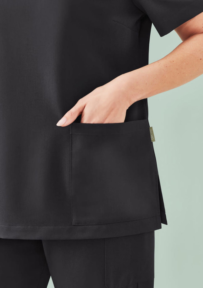 A black women's V-neck scrub top featuring a side pocket and a sleek design, with a logo on the fabric.