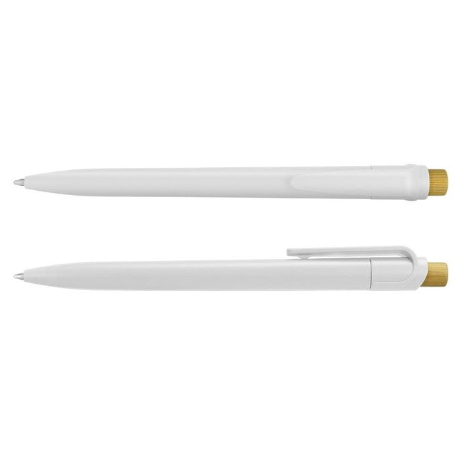 A white recycled plastic pen with a gold-coloured tip and clip, featuring a branding logo.