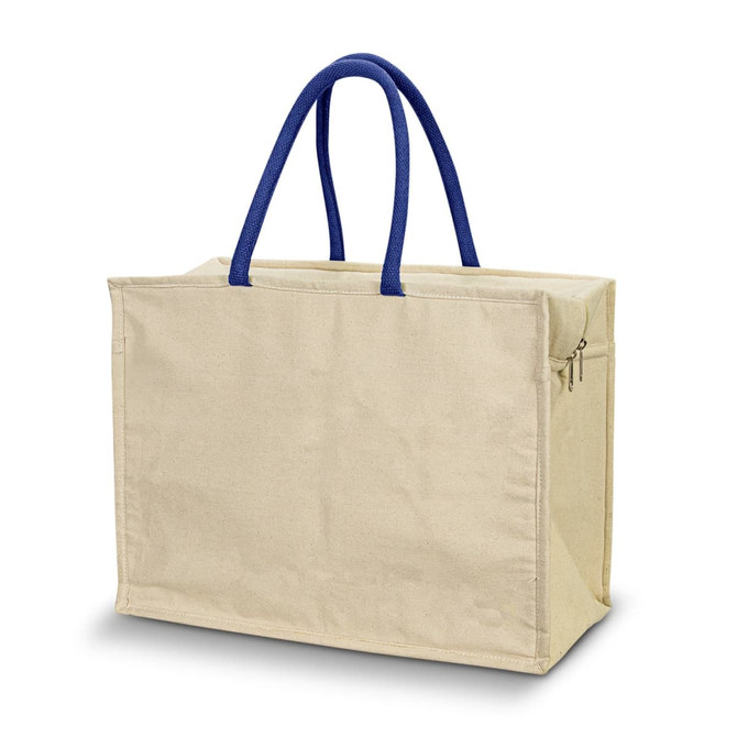 A beige cooler bag with blue handles featuring a zippered compartment and sturdy construction.