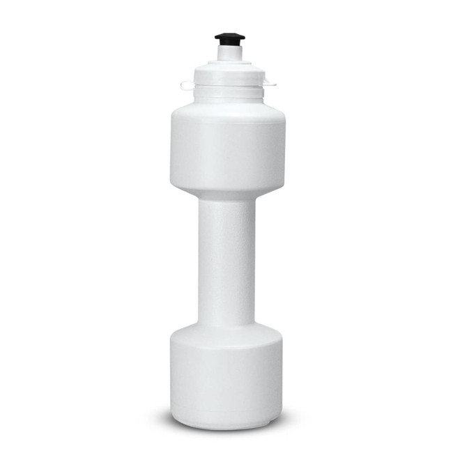 A drink bottle designed to look like a dumbbell, featuring a white body with a twist-off cap.