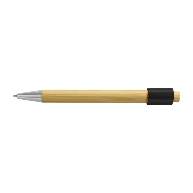 A bamboo spinner pen with a silver tip and a black grip, featuring a branding logo.