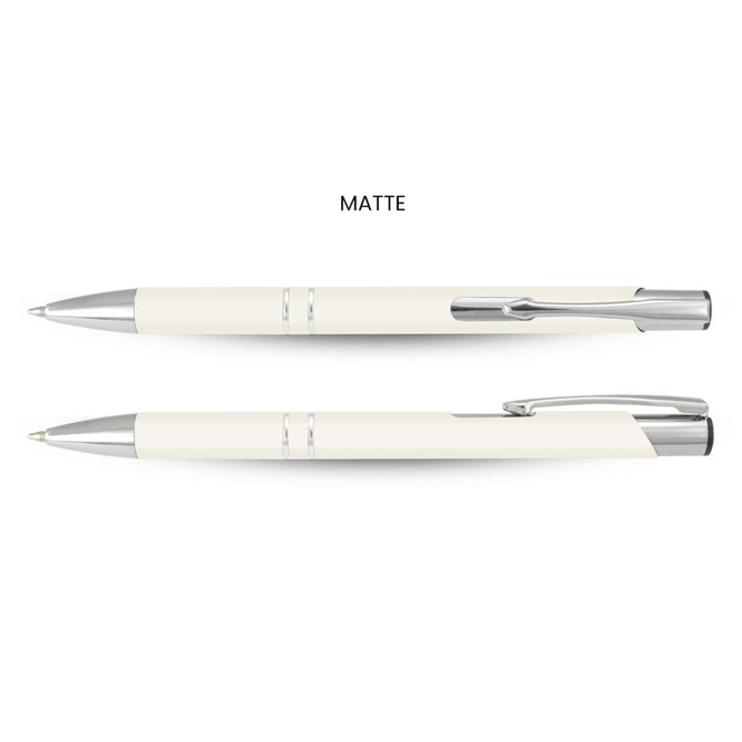 A matte white pen with silver accents, featuring a sleek design and a clip for attachment.