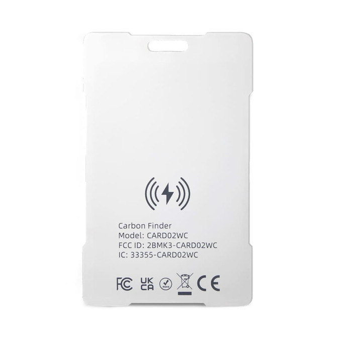 A white Bluetooth tracker with a logo, featuring a sleek design and multiple identification marks on the back.