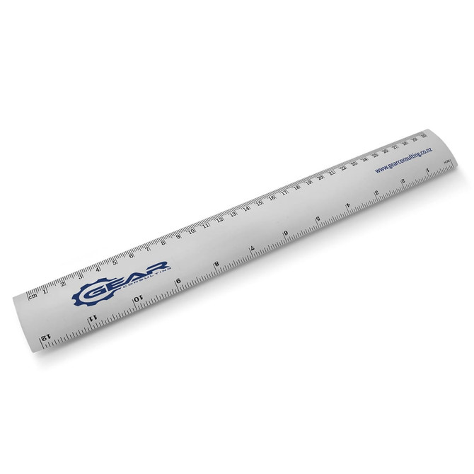 A metal ruler, 30cm in length, featuring measurements in millimetres and inches, with a branding logo.