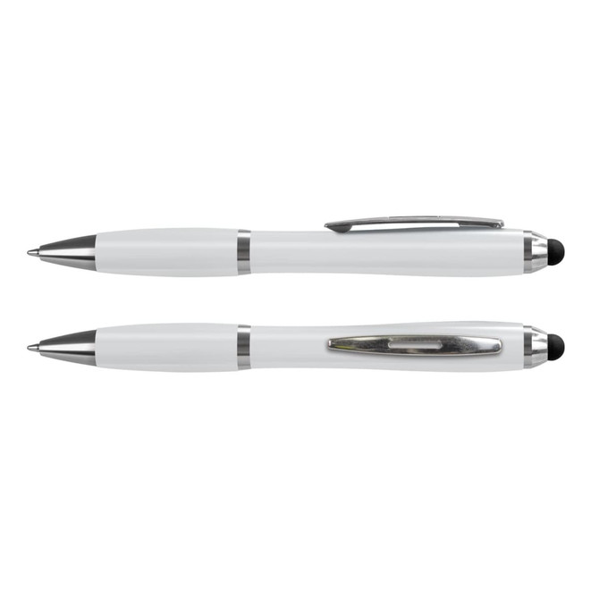 A stylus pen in white with silver accents, featuring a logo. Two pens are displayed.
