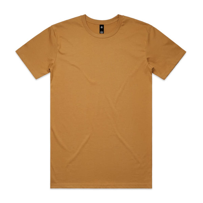 A plain mustard-coloured T-shirt with short sleeves and a logo on the neckline.