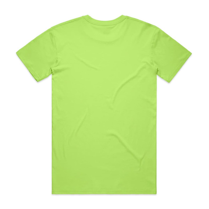 A bright lime green T-shirt with a plain back. It features a logo on the inside neck.