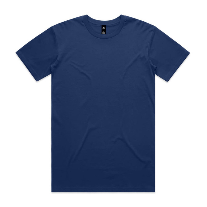 A navy blue t-shirt with short sleeves and a crew neckline, featuring a brand logo on the inside label.