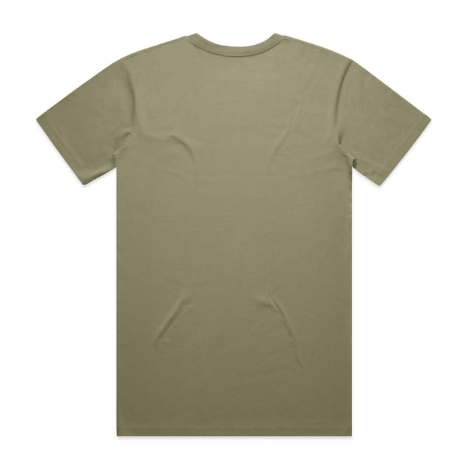 A plain olive green t-shirt with short sleeves and a round neckline, featuring a logo on the back.