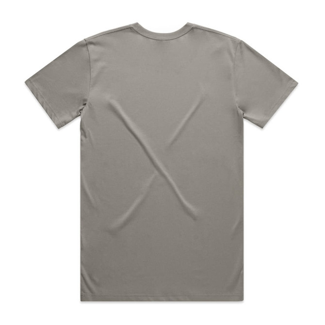 A plain grey T-shirt with short sleeves and a round neckline, featuring a logo on the back.
