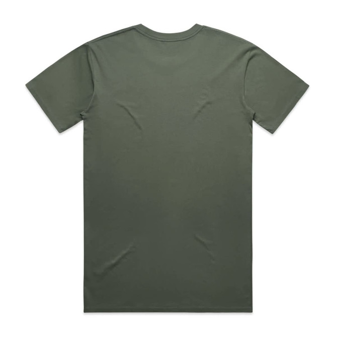 A plain olive green T-shirt with a standard crew neck and short sleeves, featuring no visible branding.