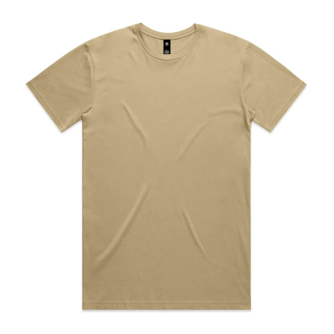 A beige T-shirt with a round neck and short sleeves, featuring a logo on the label.