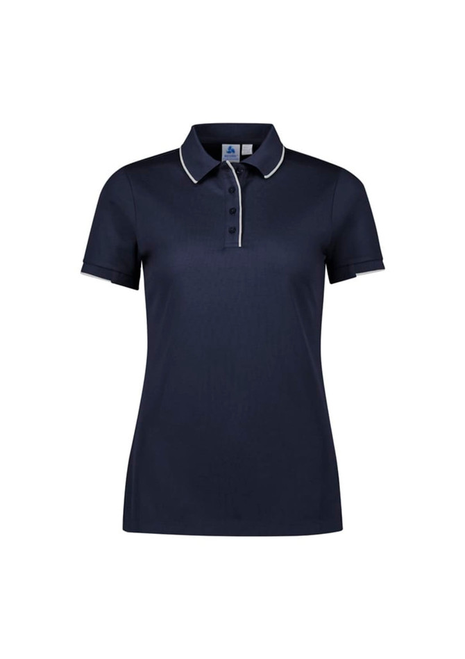 A navy women's short sleeve polo with a contrasting collar and branding.
