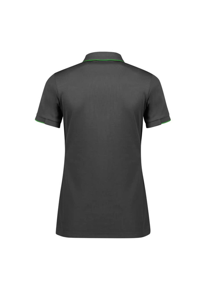 A women's short sleeve polo shirt in dark grey with green trim and a logo on the back.
