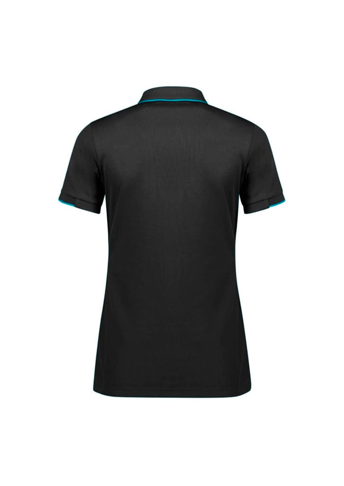 A black women's short sleeve polo shirt featuring turquoise accents and a logo.