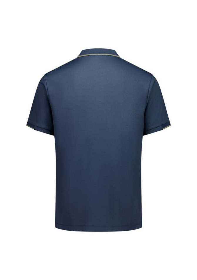 A navy short sleeve polo shirt featuring a collar and logo. Plain back view with no additional designs.