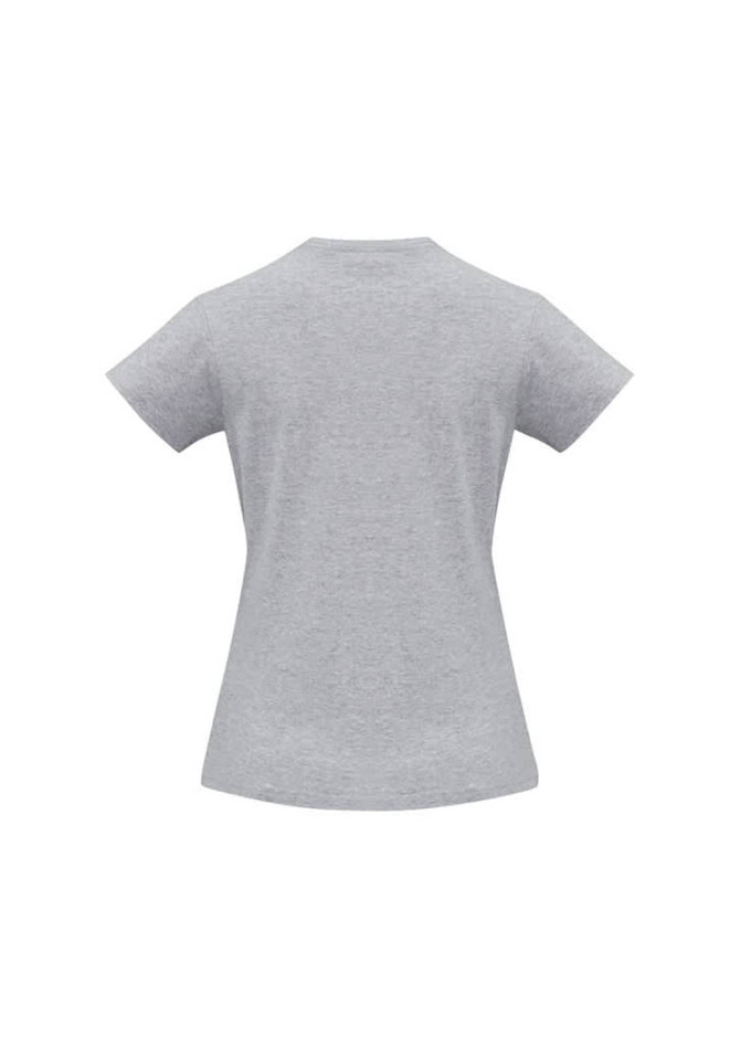 A grey women's short sleeve tee with a fitted silhouette and a logo on the back.