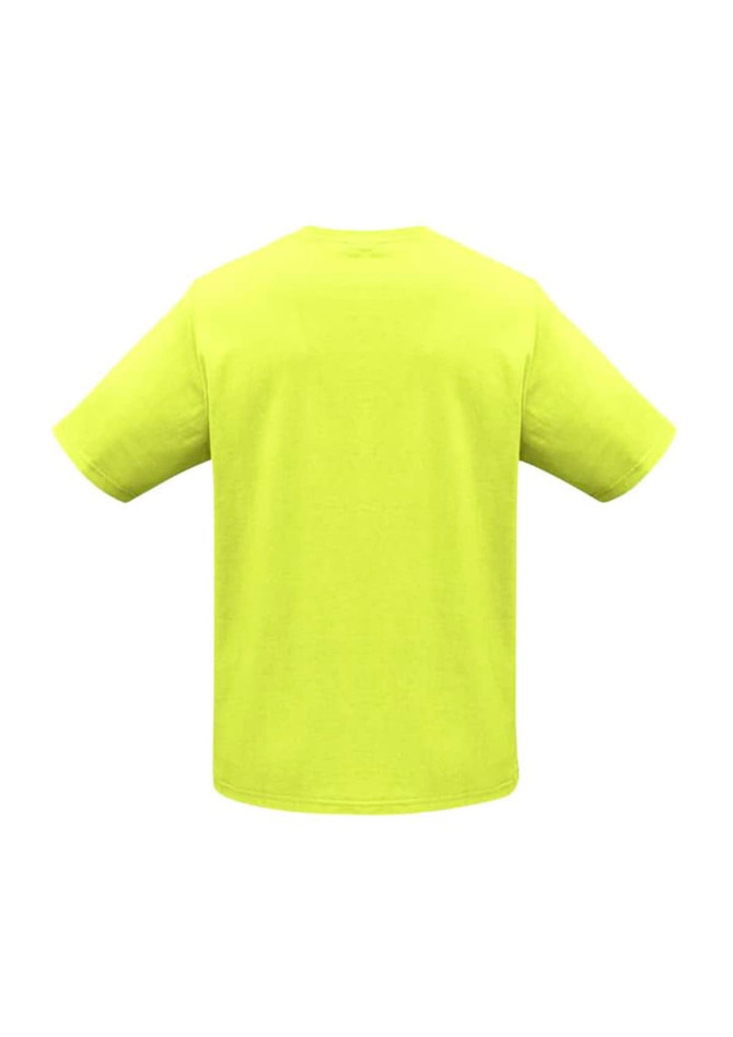 A bright yellow short sleeve tee with a plain back. The shirt features a logo.