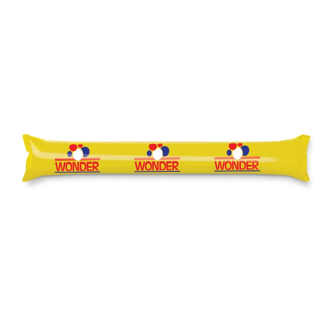A yellow inflatable noisemaker featuring the word "WONDER" and colorful dots in a repeating pattern.