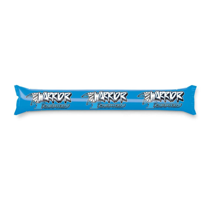 A promotional inflatable cheer stick in bright blue with black and white text reading "WARRIOR."