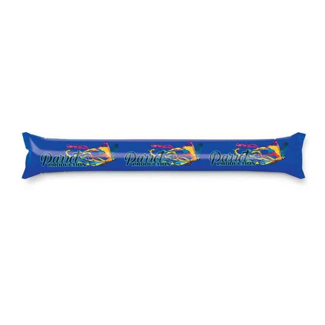 A blue inflatable promotion stick featuring colorful graphics and text.