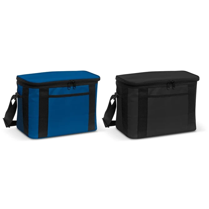 Two cooler bags, one in blue with black accents and one entirely in black, both featuring a zippered top and handles.
